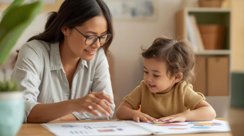 ALT Text (SEO + Accessibility) Alt text: Parent helping a toddler learn words during a speech therapy activity for toddler language delay Image Caption Parent supporting a young child during an early speech and language learning activity. Image Description (for SEO / media library) A parent helping a toddler practice communication and language skills while looking at a picture book together. Activities like reading, pointing to images, and talking help support early speech development and can reduce toddler language delay. This type of interaction is often encouraged by speech therapists when addressing early signs of speech delay in children.