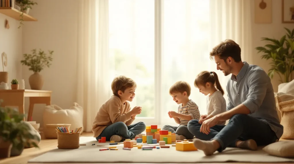 Children playing together with a parent at home to build social skills through interactive activities