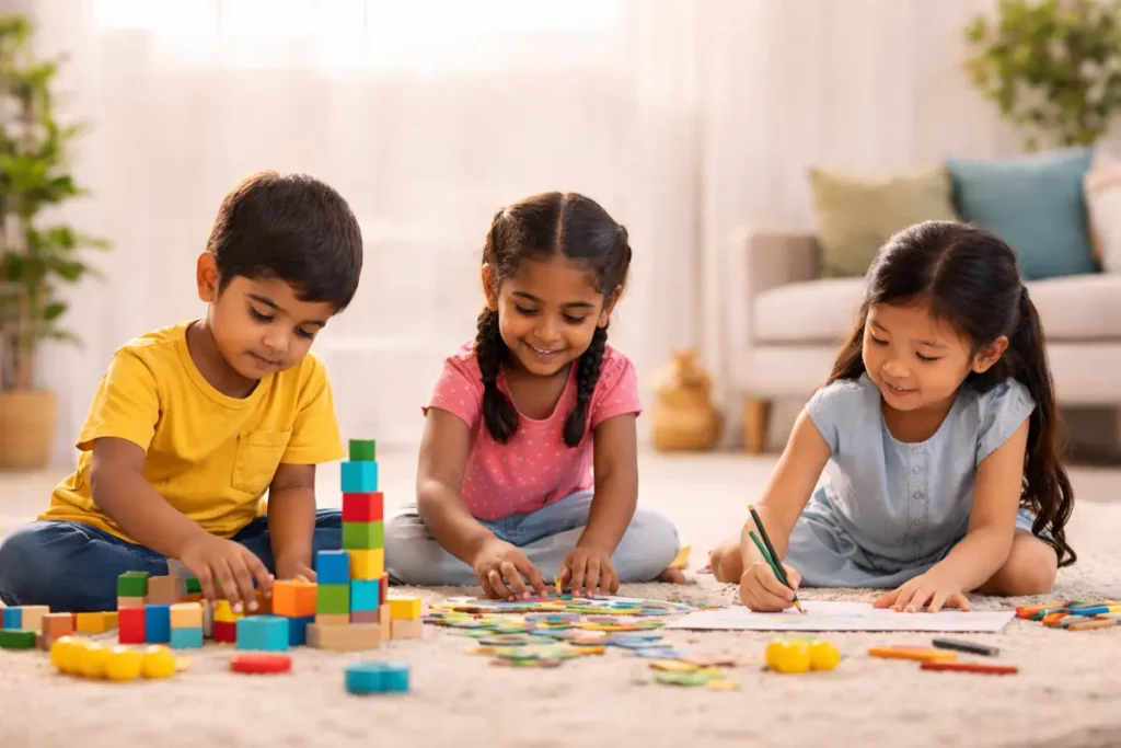 Three young Indian children doing screen-free learning activities at home with blocks, puzzles, and drawing in a bright living room.