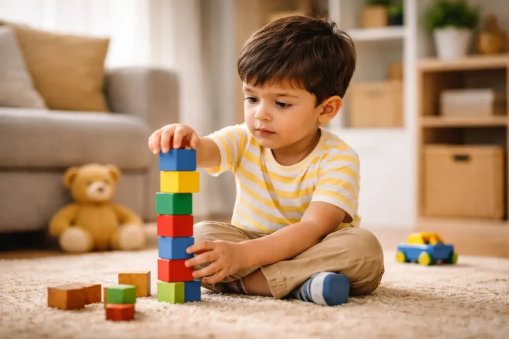 Young child playing with blocks indoors, showing early signs of autism in children such as focused and repetitive play behavior