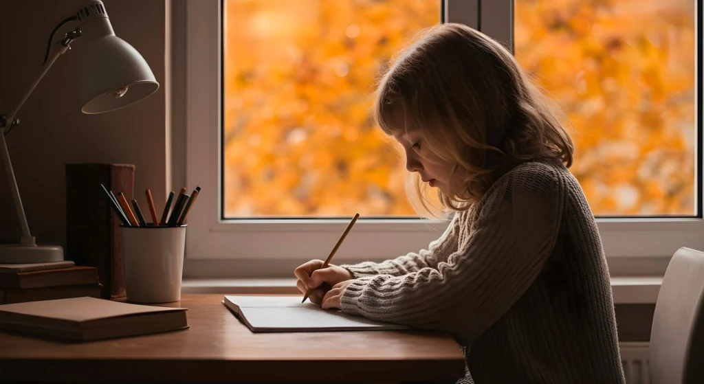 A young Indian child sitting at a desk looking distracted with pencils and a notebook in front of them, illustrating common signs of ADHD in children.