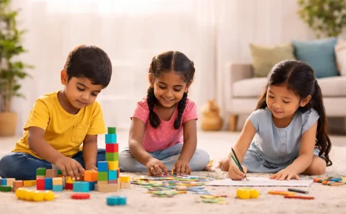 Three young Indian children doing screen-free learning activities at home with blocks, puzzles, and drawing in a bright living room.