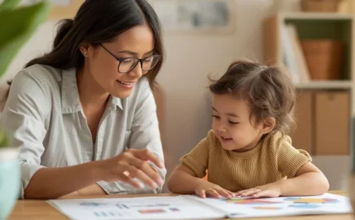 ALT Text (SEO + Accessibility) Alt text: Parent helping a toddler learn words during a speech therapy activity for toddler language delay Image Caption Parent supporting a young child during an early speech and language learning activity. Image Description (for SEO / media library) A parent helping a toddler practice communication and language skills while looking at a picture book together. Activities like reading, pointing to images, and talking help support early speech development and can reduce toddler language delay. This type of interaction is often encouraged by speech therapists when addressing early signs of speech delay in children.