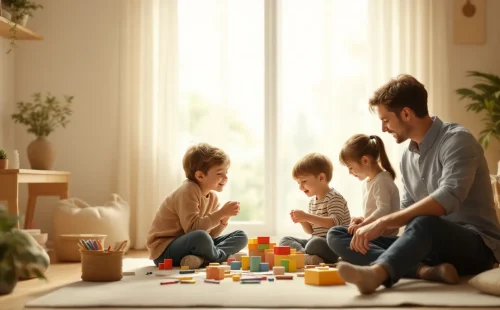 Children playing together with a parent at home to build social skills through interactive activities