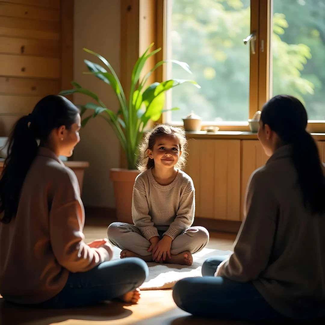 girl-relaxing-wellness-center A young girl sits cross-legged and smiling during a therapy or mindfulness session with two women in a sunlit room, likely in a clinical psychology setting in Kerala.