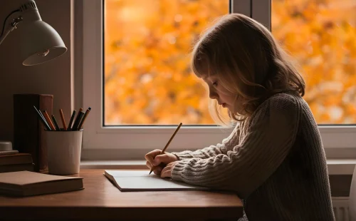 A young Indian child sitting at a desk looking distracted with pencils and a notebook in front of them, illustrating common signs of ADHD in children.